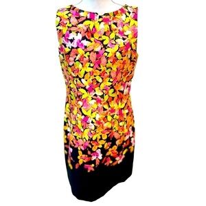 Chetta B pink, coral, & chartreuse floral black sleeveless shift dress size 12